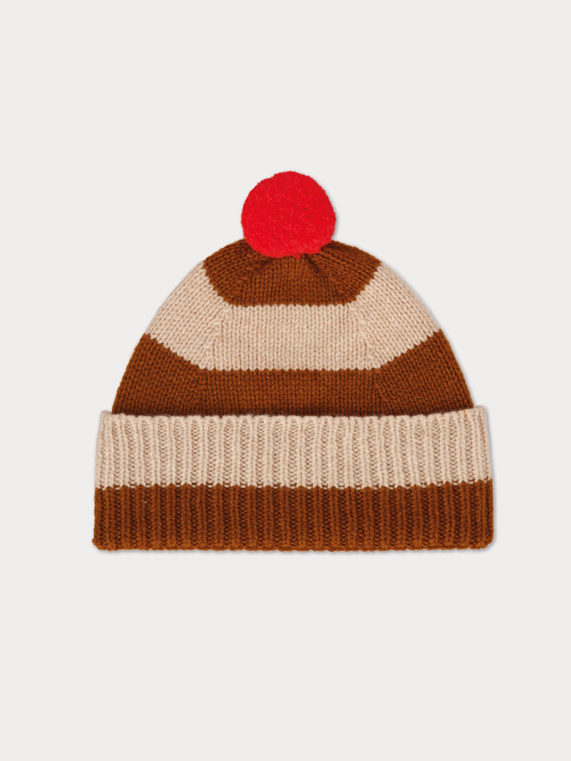 CZAPKA W PASY Z POMPONEM - CUMIN & OATMEAL